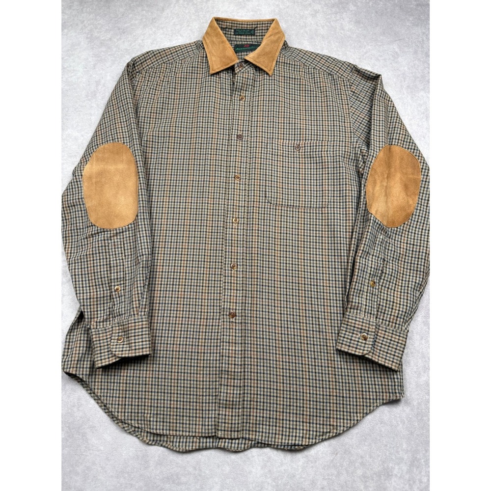 VTG Abercrombie & Fitch Men M Flannel Shirt Leather Trim Elbow Patch Check Brown